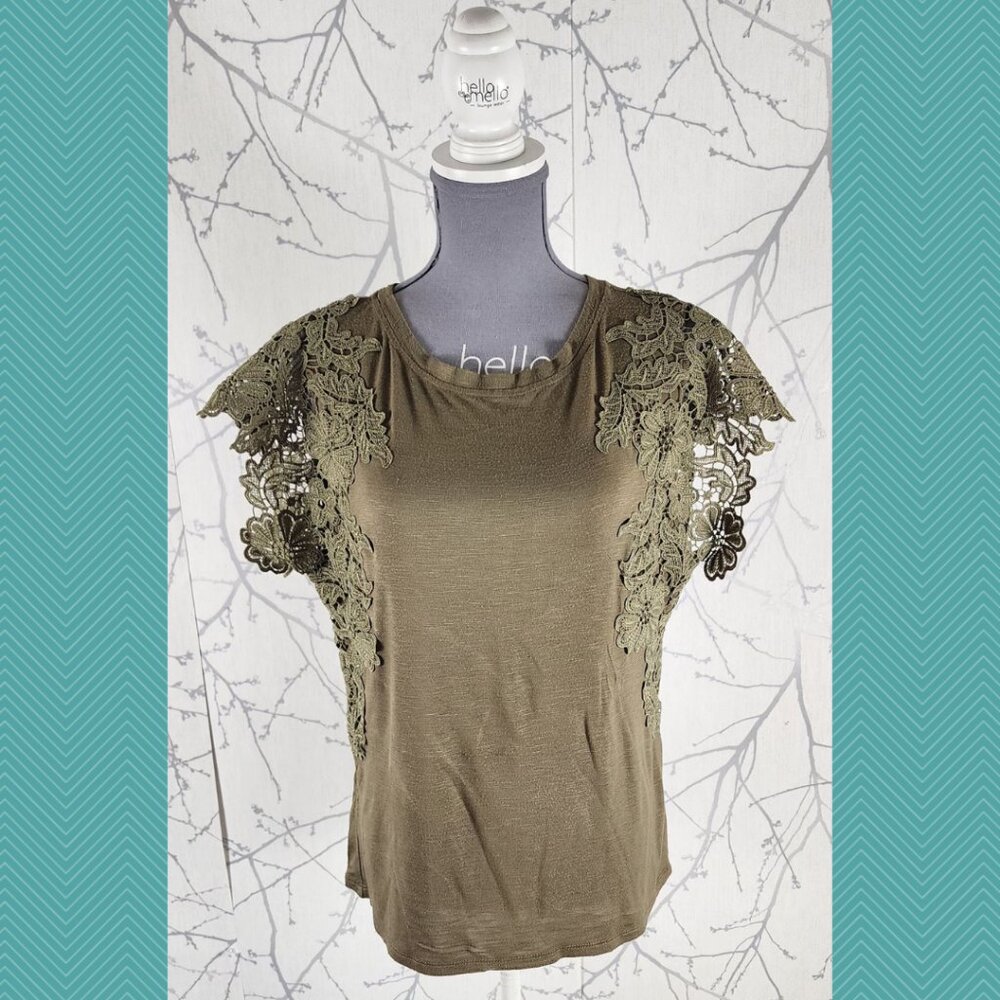 Adiva Army Green Lace Sleeves Round Neck Tee